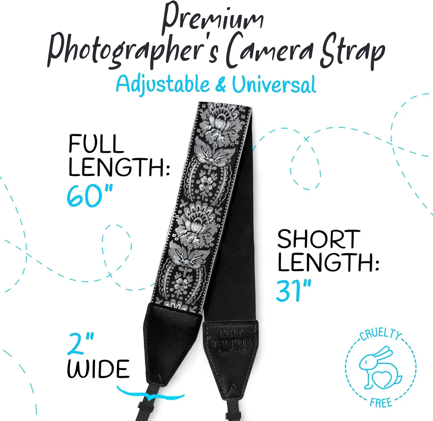 Art Tribute Camera Strap for All DSLR and Mirrorless Camera Including Binoculars. Embroidered Silver & Black Woven Strap Universal Neck Crossbody & Shoulder Belt, Gift for Photographers Men & Women