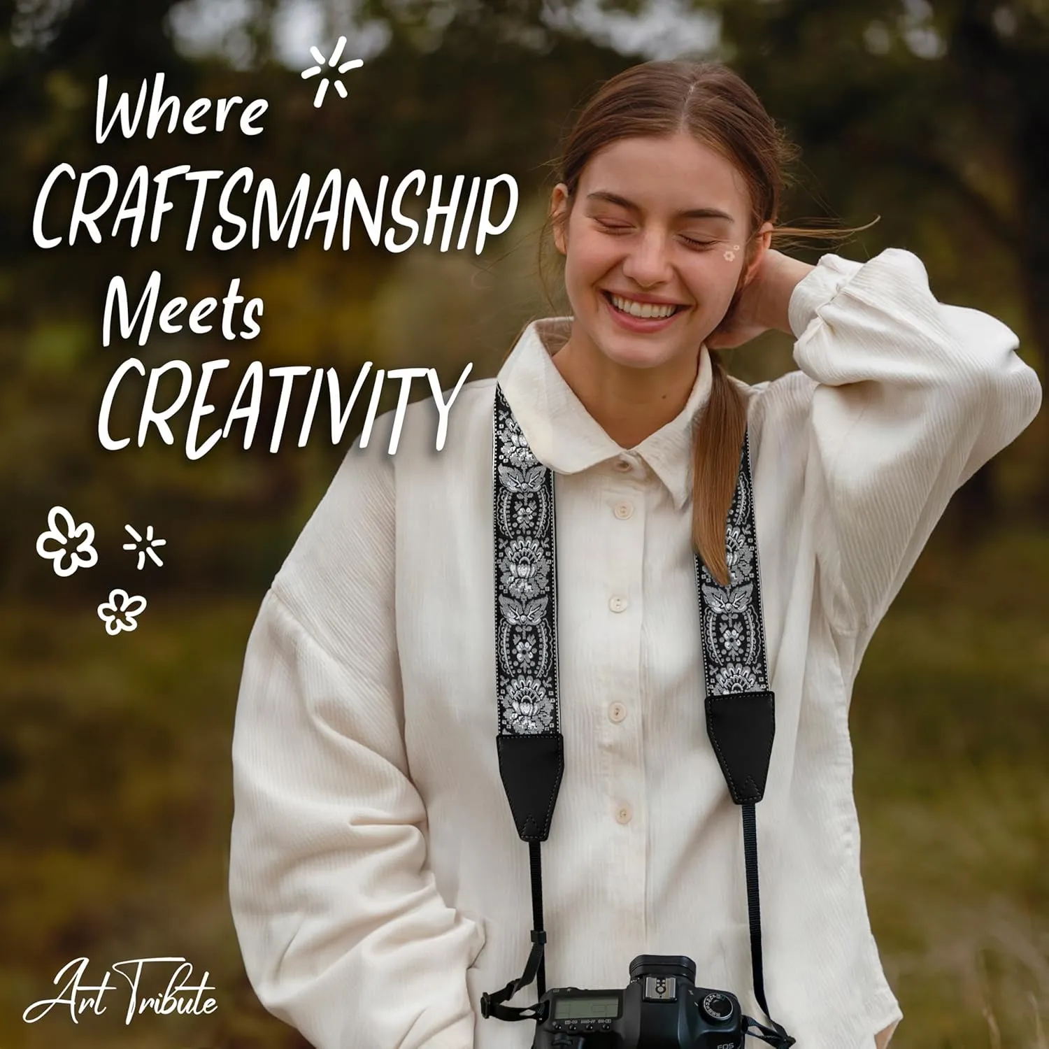 Art Tribute Camera Strap for All DSLR and Mirrorless Camera Including Binoculars. Embroidered Silver & Black Woven Strap Universal Neck Crossbody & Shoulder Belt, Gift for Photographers Men & Women