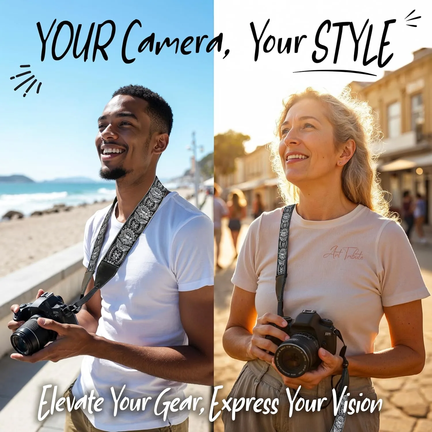 Art Tribute Camera Strap for All DSLR and Mirrorless Camera Including Binoculars. Embroidered Silver & Black Woven Strap Universal Neck Crossbody & Shoulder Belt, Gift for Photographers Men & Women
