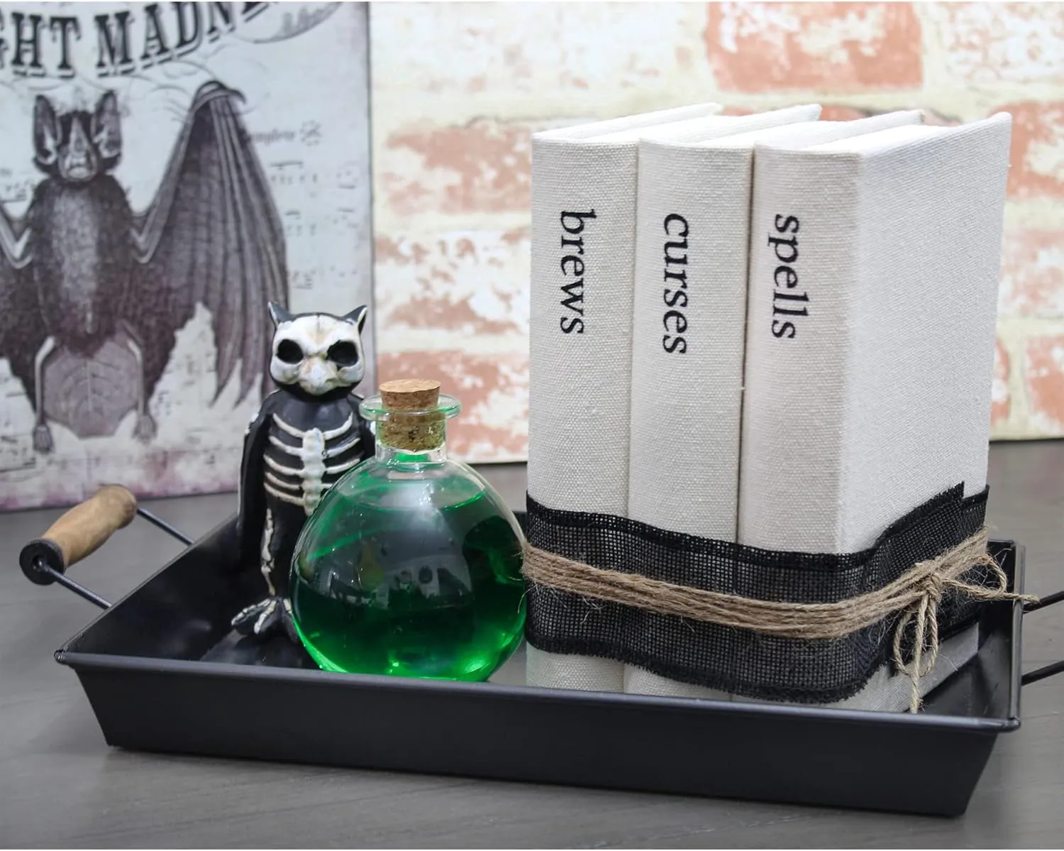 AuldHome Design Halloween Faux Book Stack; Decorative Witches’ Book Set w/ Burlap Ribbon Wrap