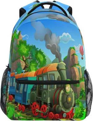 AUUXVA Funny Locomotive Train School Backpack for Kids Boys,Watercolor Train Laptop Backpack Student College School Bag Bookbag for Primary Junior High School, Casual Travel Camping Hiking Daypack
