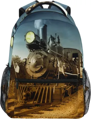AUUXVA Vintage Engine Train School Backpack for Kids Boys,Cool Train Laptop Backpack Student College School Bag Bookbag for Primary Junior High School, Casual Travel Camping Hiking Daypack