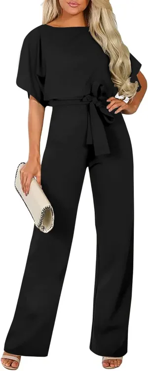 AUXDIO Womens Casual Short Sleeve Loose Crew Neck Belted Wide Leg Romper Jumpsuits