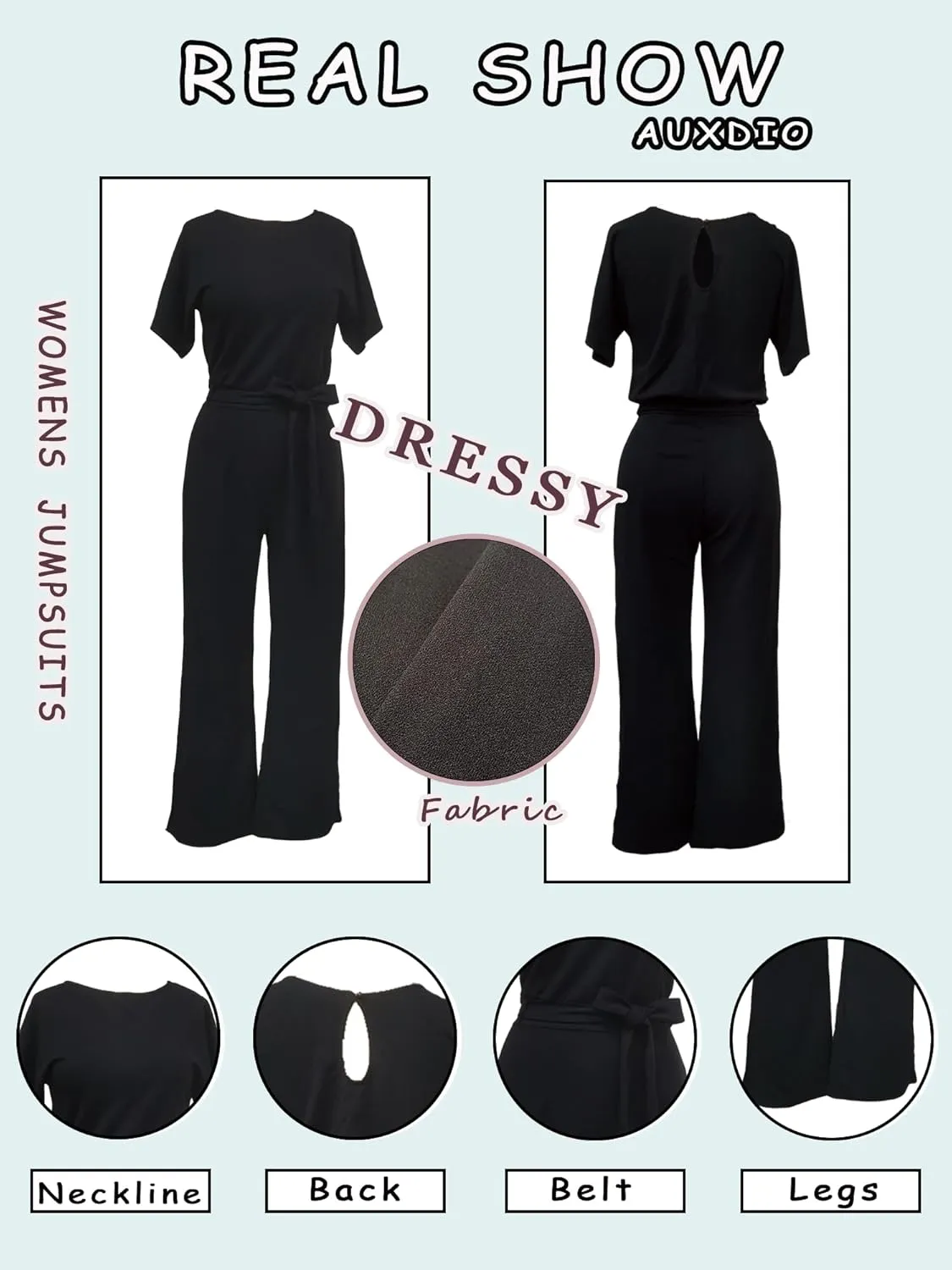 AUXDIO Womens Casual Short Sleeve Loose Crew Neck Belted Wide Leg Romper Jumpsuits