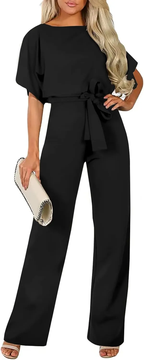 AUXDIO Womens Casual Short Sleeve Loose Crew Neck Belted Wide Leg Romper Jumpsuits