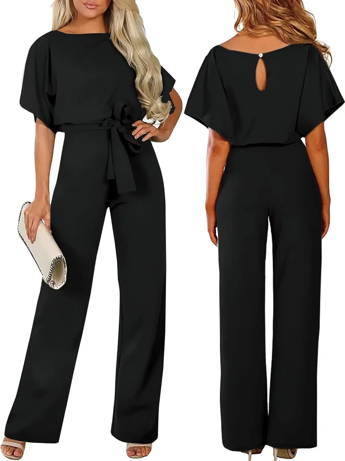 AUXDIO Womens Casual Short Sleeve Loose Crew Neck Belted Wide Leg Romper Jumpsuits