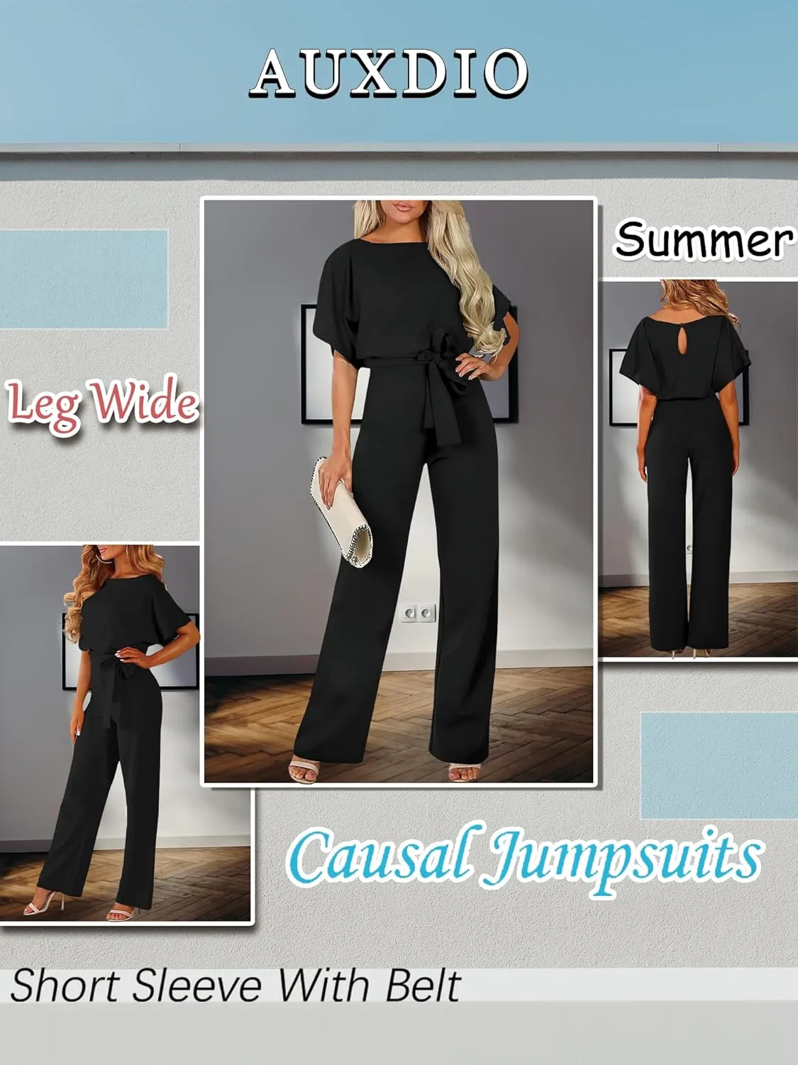 AUXDIO Womens Casual Short Sleeve Loose Crew Neck Belted Wide Leg Romper Jumpsuits