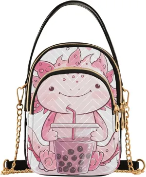 Axolotl Holding Bubble Tea Small Shoulder Bags for Women Crossbody Phone Case Crossbody for Women