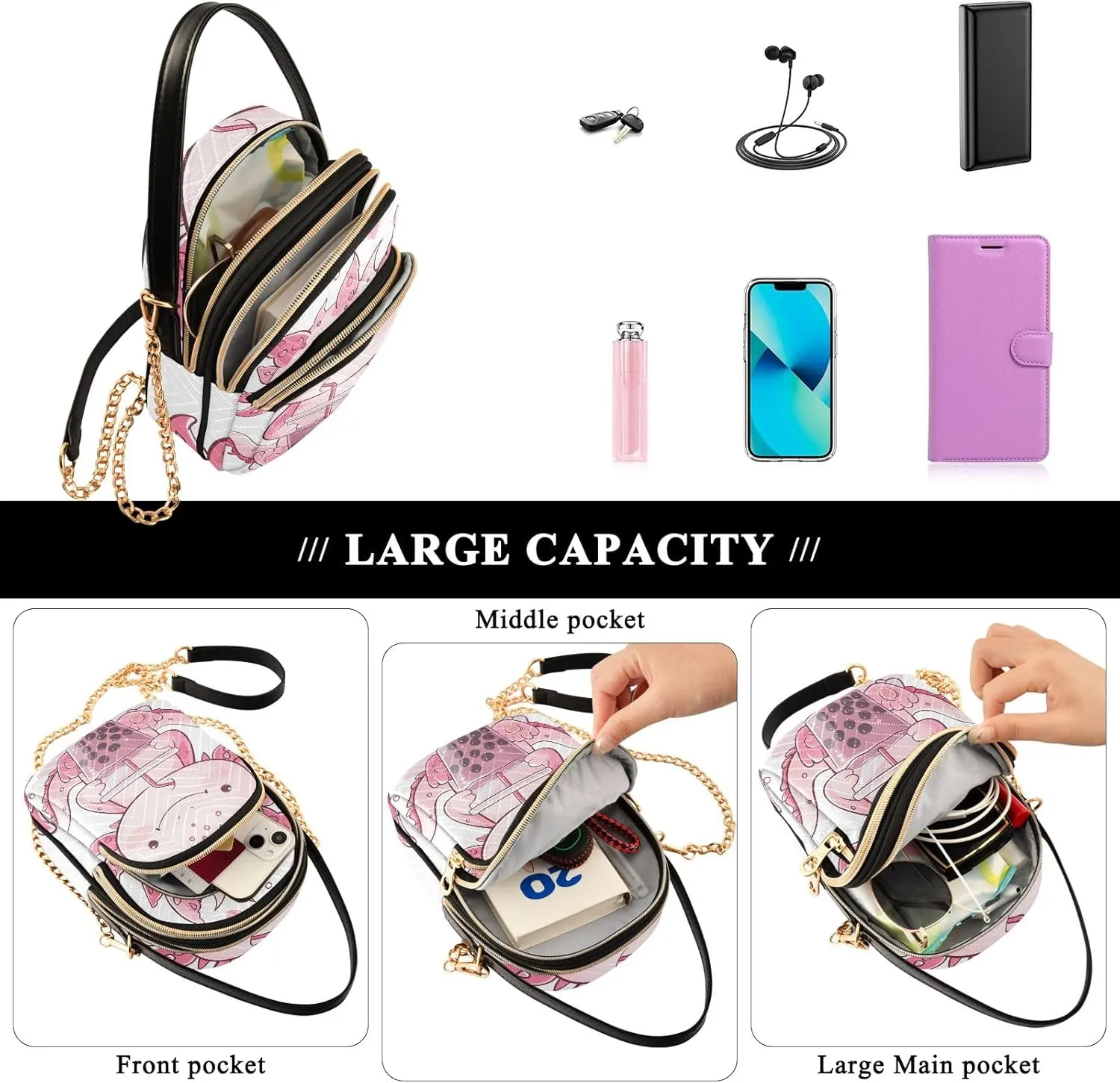 Axolotl Holding Bubble Tea Small Shoulder Bags for Women Crossbody Phone Case Crossbody for Women