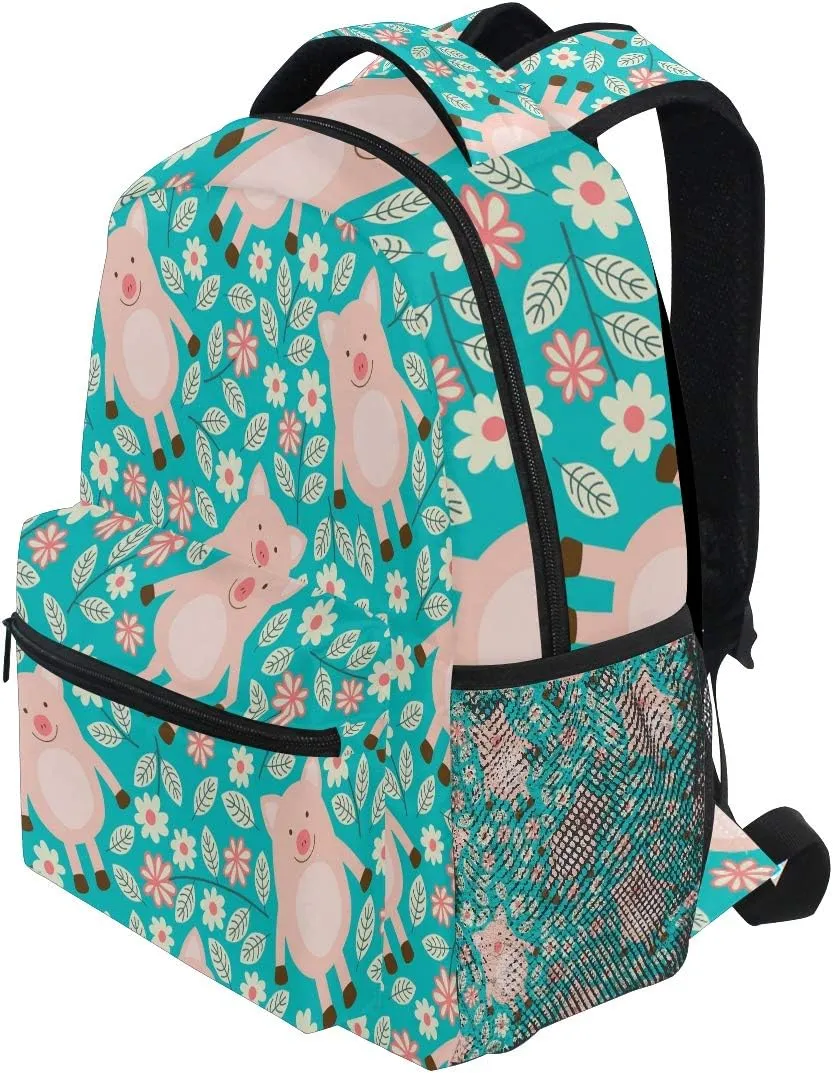 Backpack Animal Pig Flower Leaves Pattern School Shoulder Bag Large Waterproof Durable Bookbag Laptop Daypack for Students Teens Girls Boys Elementary