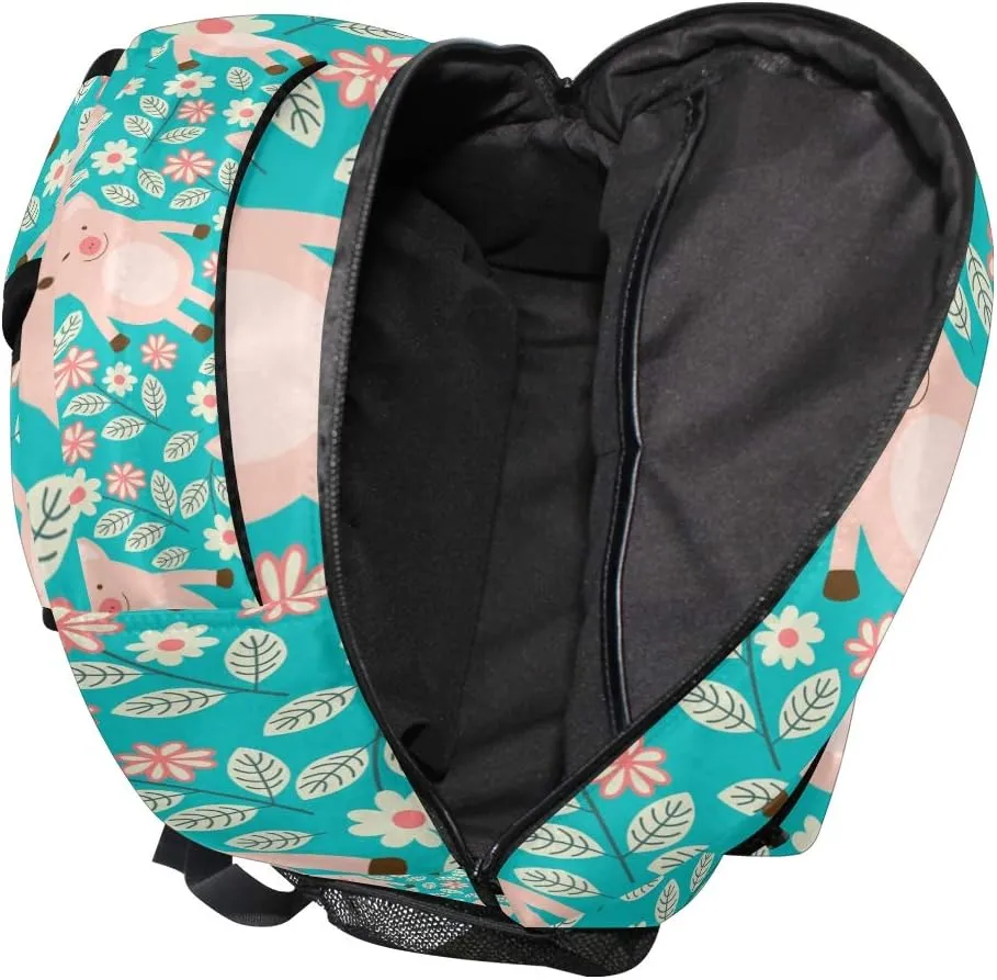 Backpack Animal Pig Flower Leaves Pattern School Shoulder Bag Large Waterproof Durable Bookbag Laptop Daypack for Students Teens Girls Boys Elementary