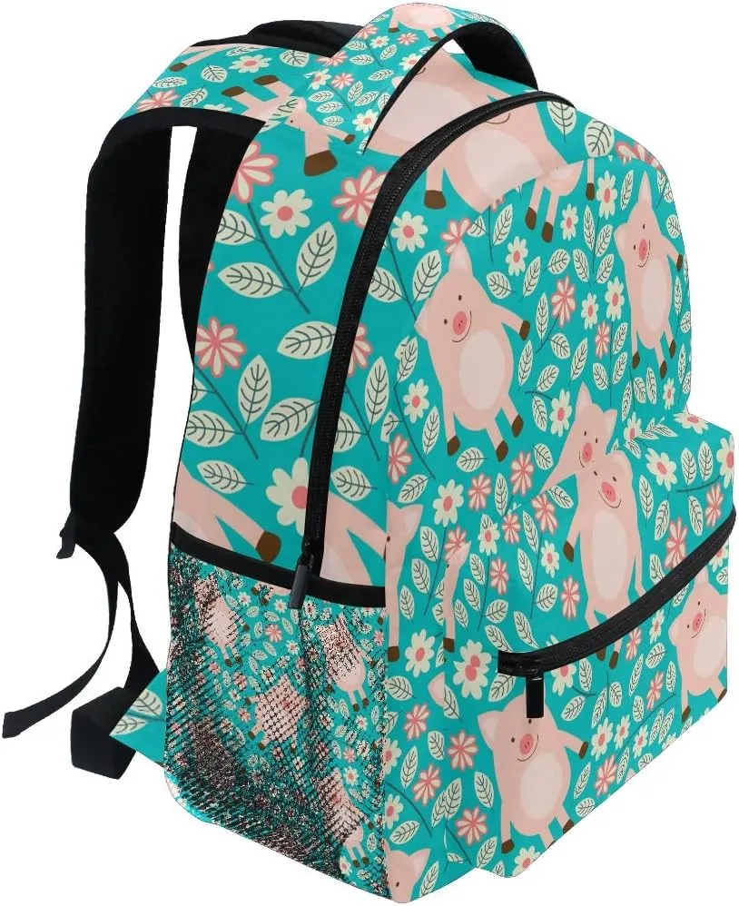 Backpack Animal Pig Flower Leaves Pattern School Shoulder Bag Large Waterproof Durable Bookbag Laptop Daypack for Students Teens Girls Boys Elementary