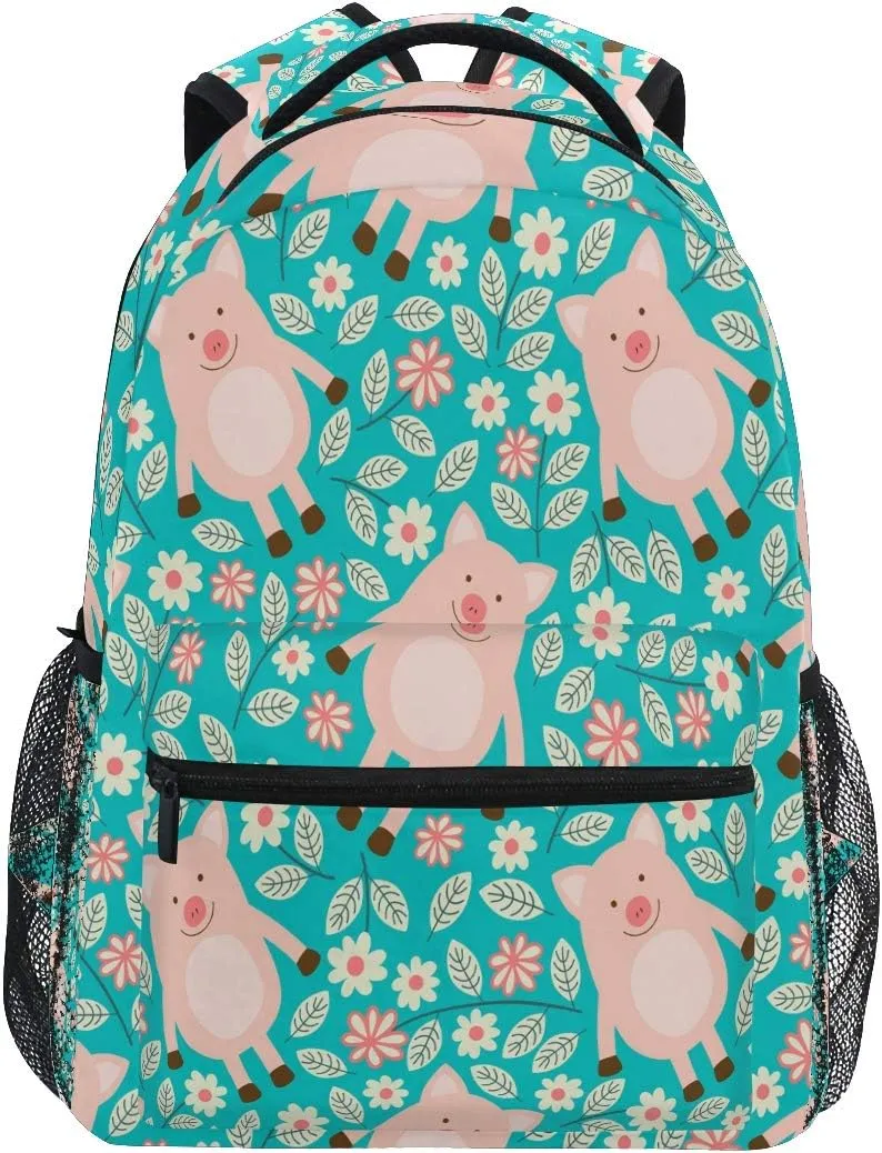 Backpack Animal Pig Flower Leaves Pattern School Shoulder Bag Large Waterproof Durable Bookbag Laptop Daypack for Students Teens Girls Boys Elementary