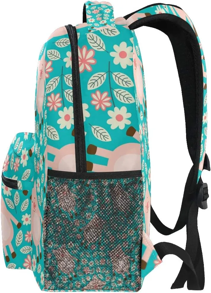 Backpack Animal Pig Flower Leaves Pattern School Shoulder Bag Large Waterproof Durable Bookbag Laptop Daypack for Students Teens Girls Boys Elementary