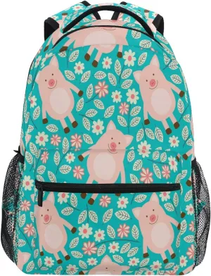 Backpack Animal Pig Flower Leaves Pattern School Shoulder Bag Large Waterproof Durable Bookbag Laptop Daypack for Students Teens Girls Boys Elementary