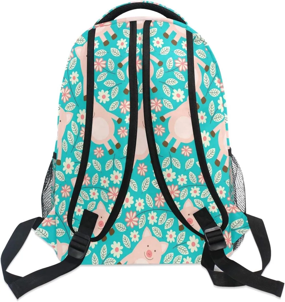 Backpack Animal Pig Flower Leaves Pattern School Shoulder Bag Large Waterproof Durable Bookbag Laptop Daypack for Students Teens Girls Boys Elementary