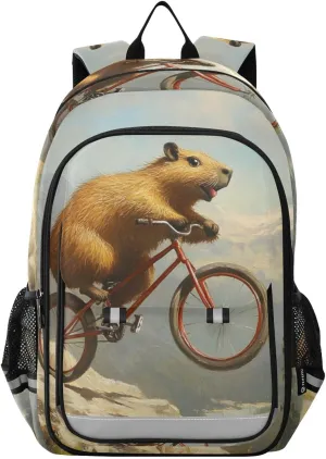 Backpack Beaver Bike Funny for Women Men Travel Laptop Daypack Shoulder Bag Book Bag Daypack with Reflective Strip 12.9” × 17.7”