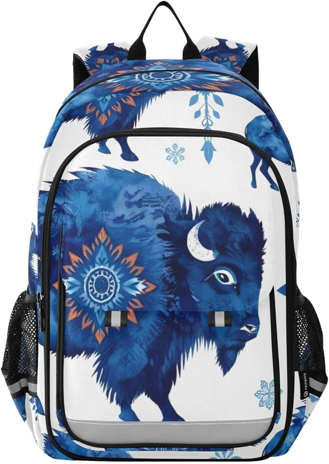Backpack Bison Silhouette Blue for Men Women Travel Laptop Daypack Shoulder Bag Book Bag Cool Funny Cute Backpack with Reflective Strip 12.9 ×17.7 In