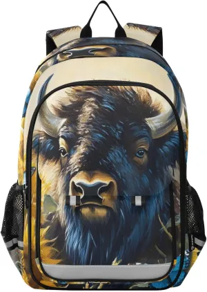 Backpack Bison Sunflower for Men Women Travel Laptop Daypack Shoulder Bag Book Bag Cool Funny Cute Backpack with Reflective Strip 12.9" ×17.7"