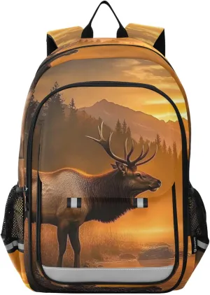 Backpack Elk Sunrise Forest for Women Men Travel Laptop Daypack Shoulder Bag Book Bag Daypack with Reflective Strip 12.9” × 17.7”
