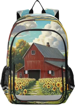 Backpack Farm Barn Sunflower for Women Men Travel Laptop Daypack Shoulder Bag Book Bag Daypack with Reflective Strip 12.9” × 17.7”