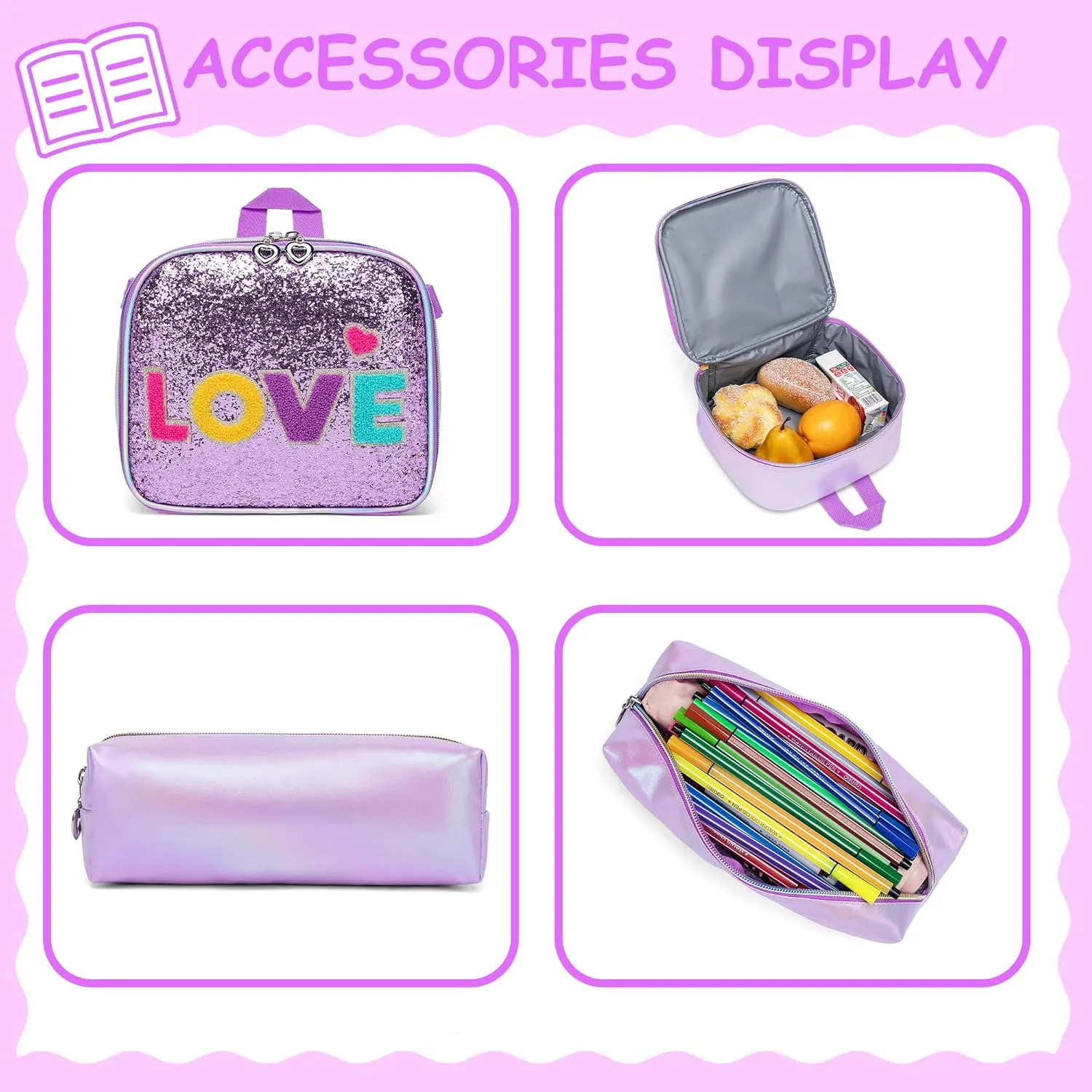 Backpack for Girls Elementary Bookbag for School Backpack Set Girls Preschool Book Bag with Lunch Box Pencil Case