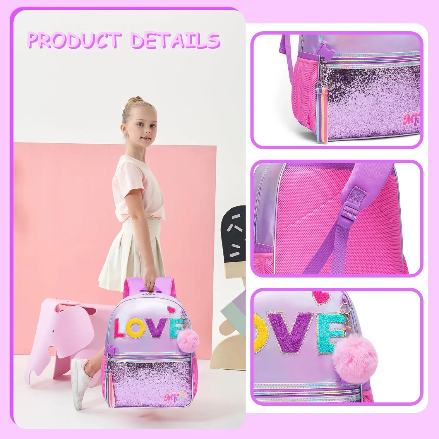 Backpack for Girls Elementary Bookbag for School Backpack Set Girls Preschool Book Bag with Lunch Box Pencil Case