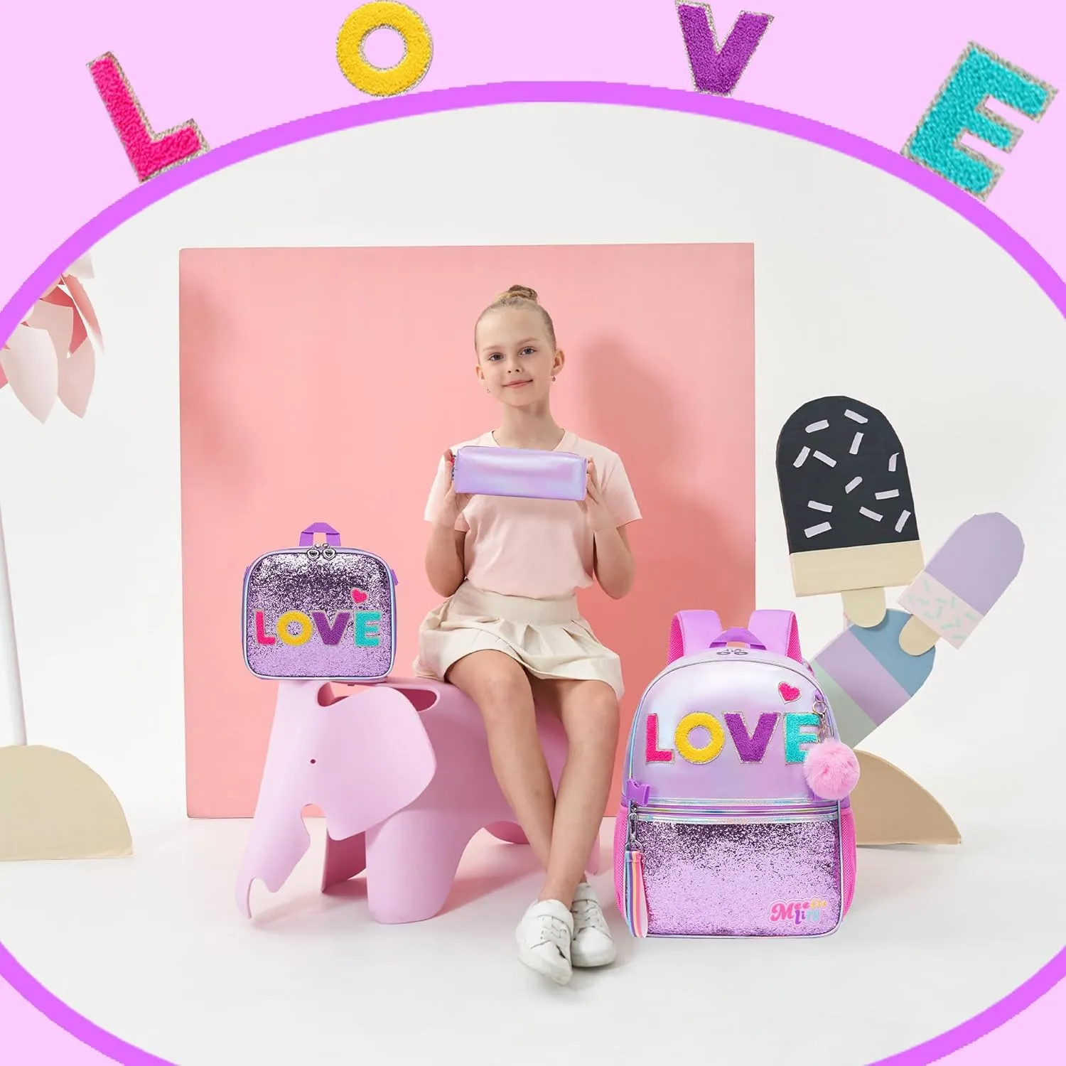 Backpack for Girls Elementary Bookbag for School Backpack Set Girls Preschool Book Bag with Lunch Box Pencil Case