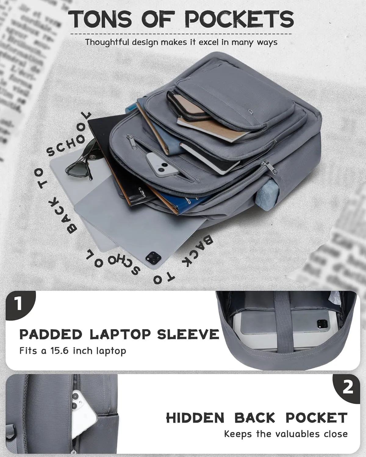 Backpack for Middle High School Teen Boys Girls Large College Bookbag with Laptop Compartment Back to School Book Bags Mochilas Escolares para Niños Niñas Adolescentes (Gray, Solid)