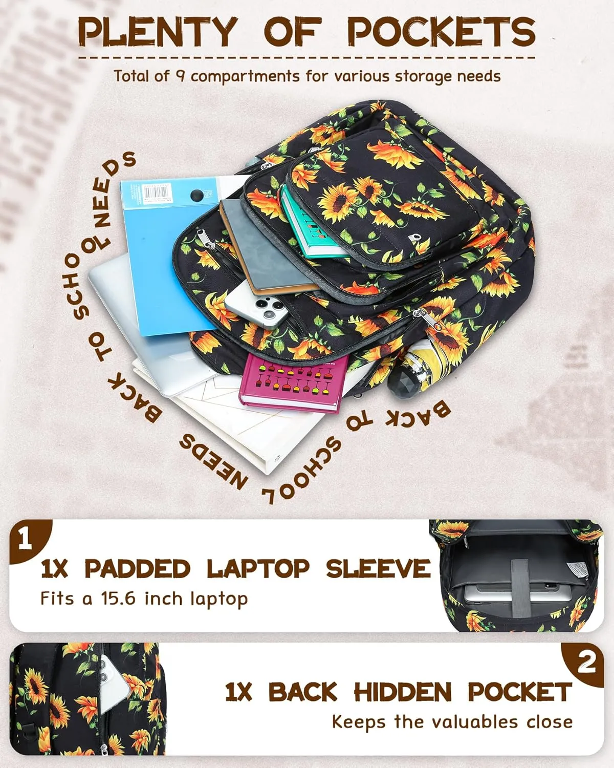 Backpack for Middle High School Teen Boys Girls Large College Bookbag with Laptop Compartment Back to School Book Bags Mochilas Escolares para Niños Niñas Adolescentes (Yellow/Black, Floral)