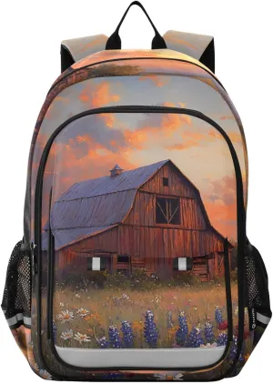 Backpack Landscape Barn Windmill Florals for Women Men Travel Laptop Daypack Shoulder Bag Book Bag Daypack with Reflective Strip 12.9” × 17.7”