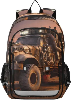 Backpack Mad Monster Truck Brown Travel Laptop Daypack Shoulder Bag Book Bag Daypack with Reflective Strip 12.9 ×17.7 In
