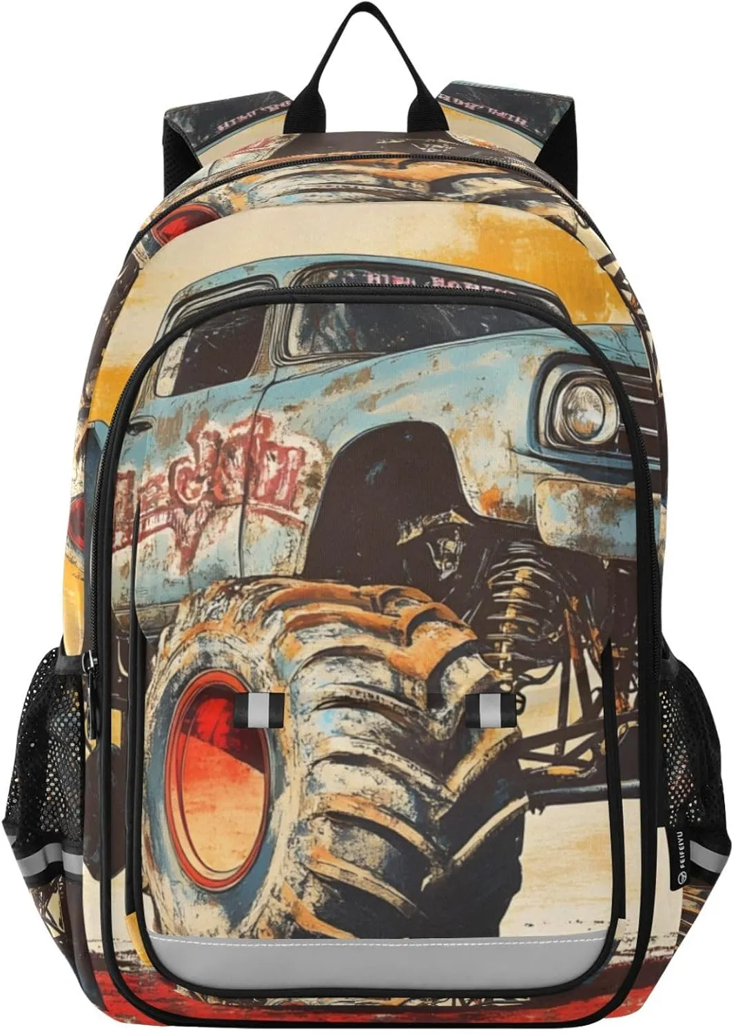 Backpack Monster Truck Heart Red for Women Men Travel Laptop Daypack Shoulder Bag Book Bag Daypack with Reflective Strip 12.9” × 17.7”