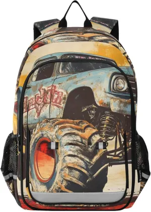 Backpack Monster Truck Heart Red for Women Men Travel Laptop Daypack Shoulder Bag Book Bag Daypack with Reflective Strip 12.9” × 17.7”
