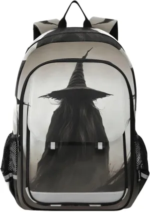 Backpack Mysterious Witch Black White Travel Laptop Daypack Shoulder Bag Book Bag Daypack with Reflective Strip 12.9 ×17.7 In