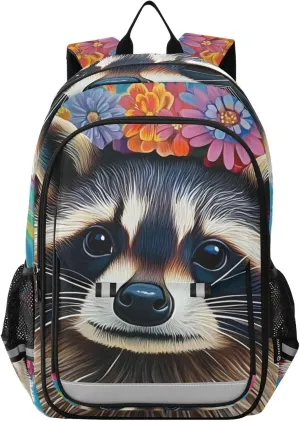 Backpack Raccoon Garland Colorful for Men Women Travel Laptop Daypack Shoulder Bag Book Bag Cool Funny Cute Backpack with Reflective Strip 12.9 ×17.7 In