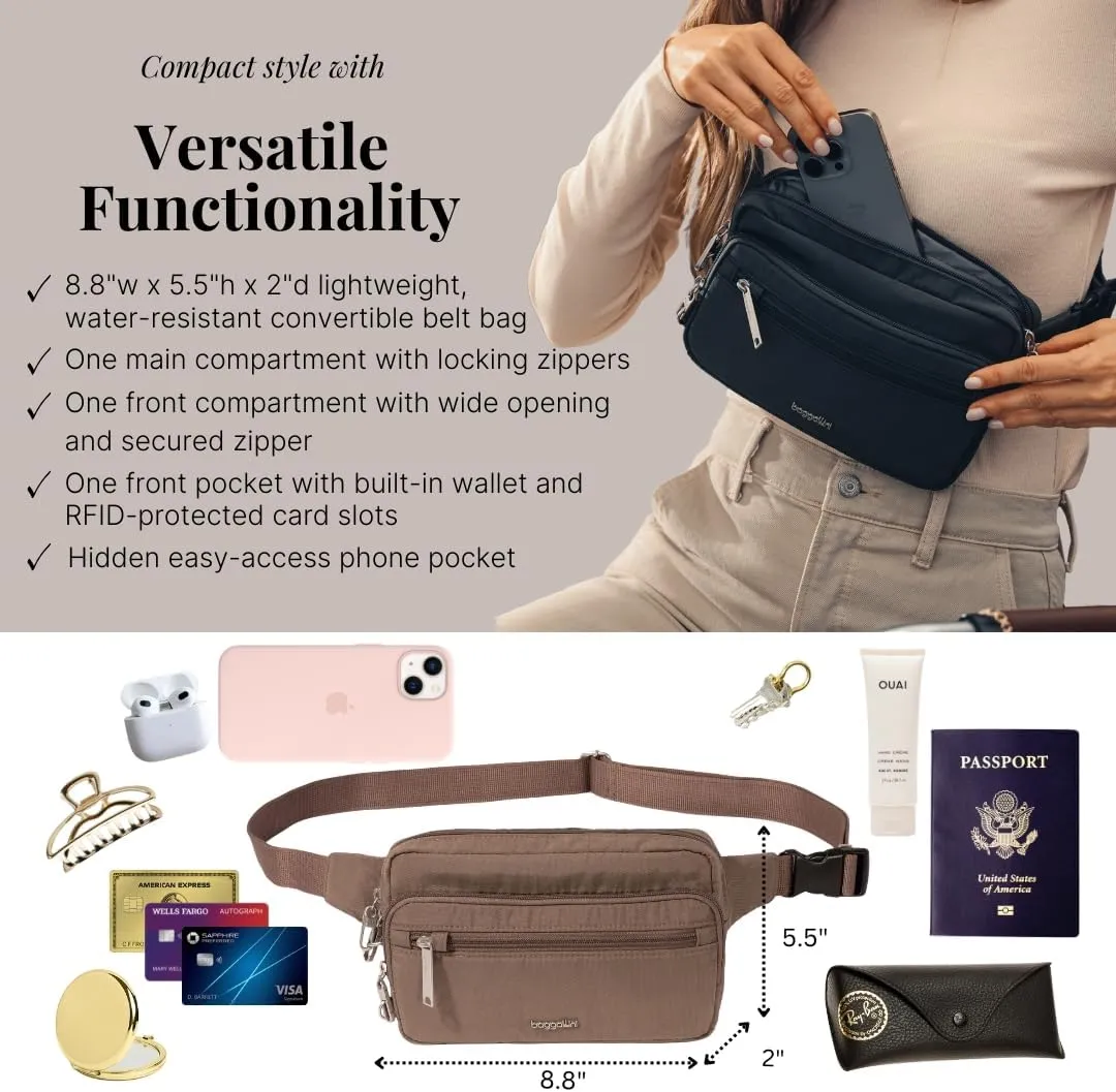 Baggallini Securtex Anti-Theft Belt Fanny Pack for Women RFID Wallet Locking Zipper-Travel Bag Crossbody Purse