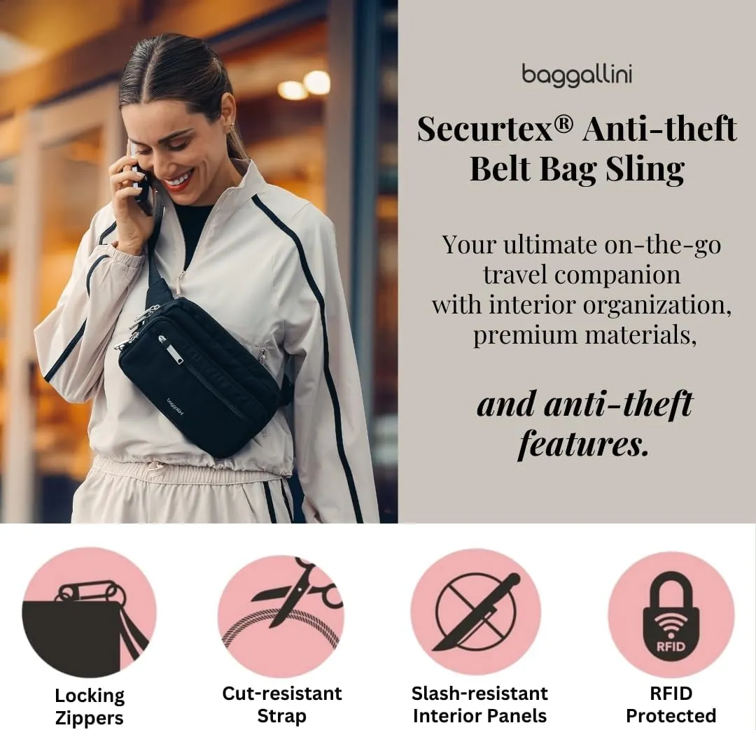 Baggallini Securtex Anti-Theft Belt Fanny Pack for Women RFID Wallet Locking Zipper-Travel Bag Crossbody Purse
