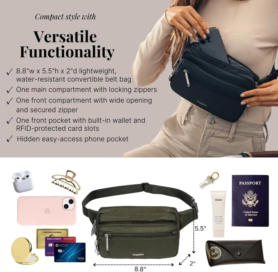 Baggallini Securtex Anti-Theft Belt Fanny Pack for Women RFID Wallet Locking Zipper-Travel Bag Crossbody Purse