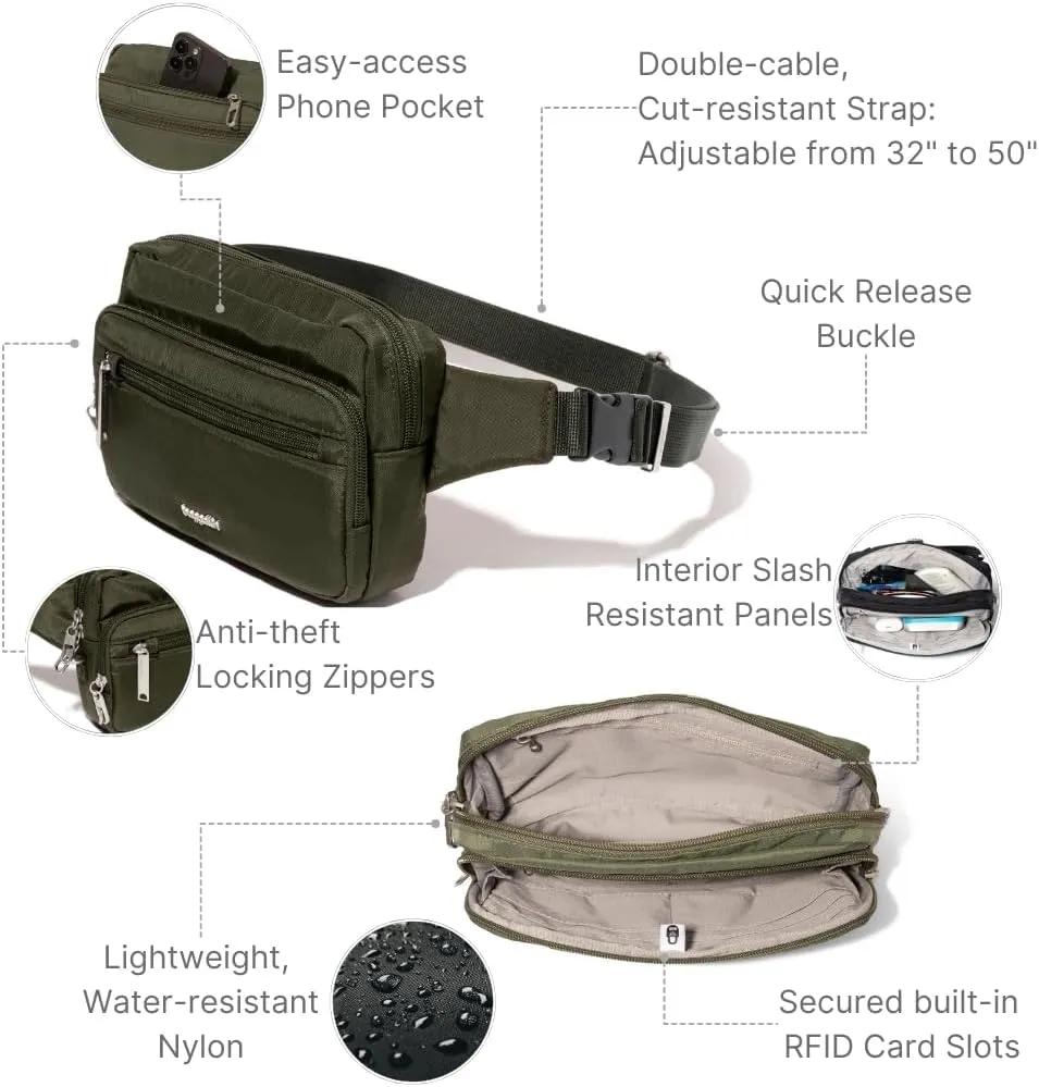 Baggallini Securtex Anti-Theft Belt Fanny Pack for Women RFID Wallet Locking Zipper-Travel Bag Crossbody Purse