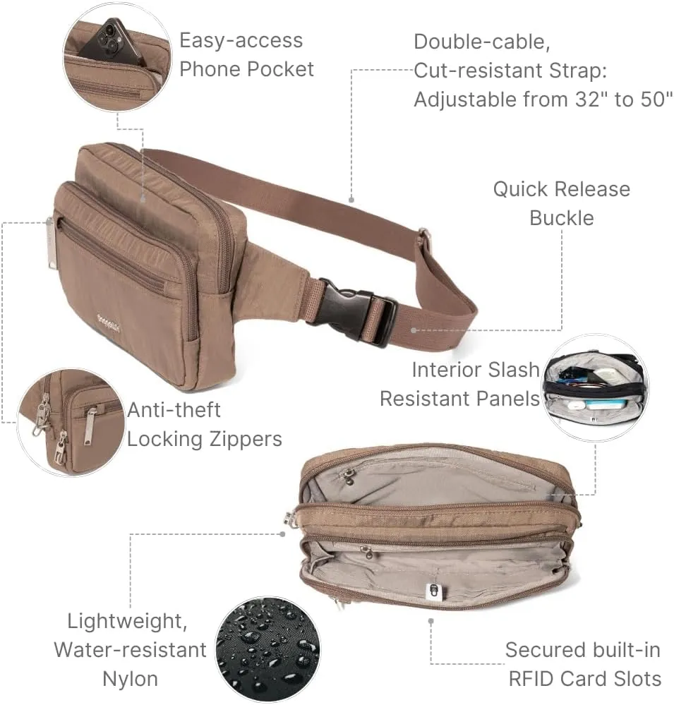 Baggallini Securtex Anti-Theft Belt Fanny Pack for Women RFID Wallet Locking Zipper-Travel Bag Crossbody Purse