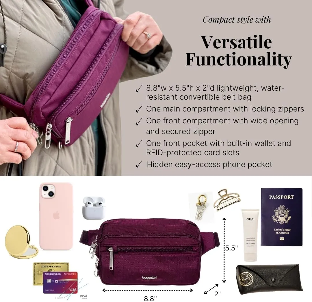 Baggallini Securtex Anti-Theft Belt Fanny Pack for Women RFID Wallet Locking Zipper-Travel Bag Crossbody Purse