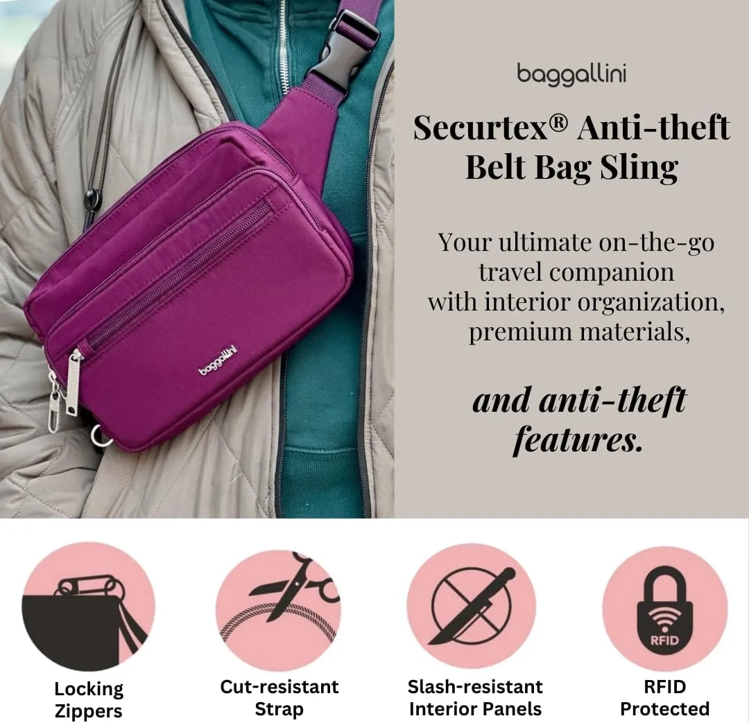 Baggallini Securtex Anti-Theft Belt Fanny Pack for Women RFID Wallet Locking Zipper-Travel Bag Crossbody Purse