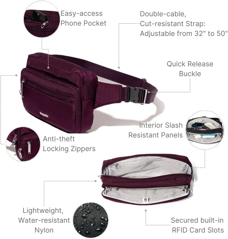 Baggallini Securtex Anti-Theft Belt Fanny Pack for Women RFID Wallet Locking Zipper-Travel Bag Crossbody Purse