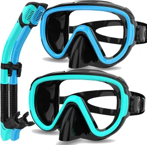 Bairuifu 2 Packs Dry Snorkel Mask Set Snorkeling Gear for Adults Scuba Diving Mask Swimming Glasses Swim Dive Mask Nose Cover Free Diving, (Light Blue Sky Blue)