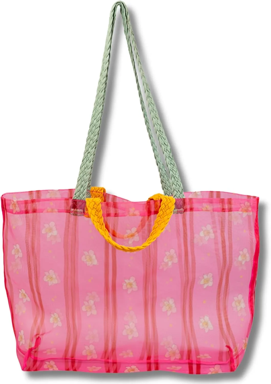 ban.do Large Mesh Market Bag, Mesh Travel and Beach Bag with Braided Double Straps, Floral Stripe