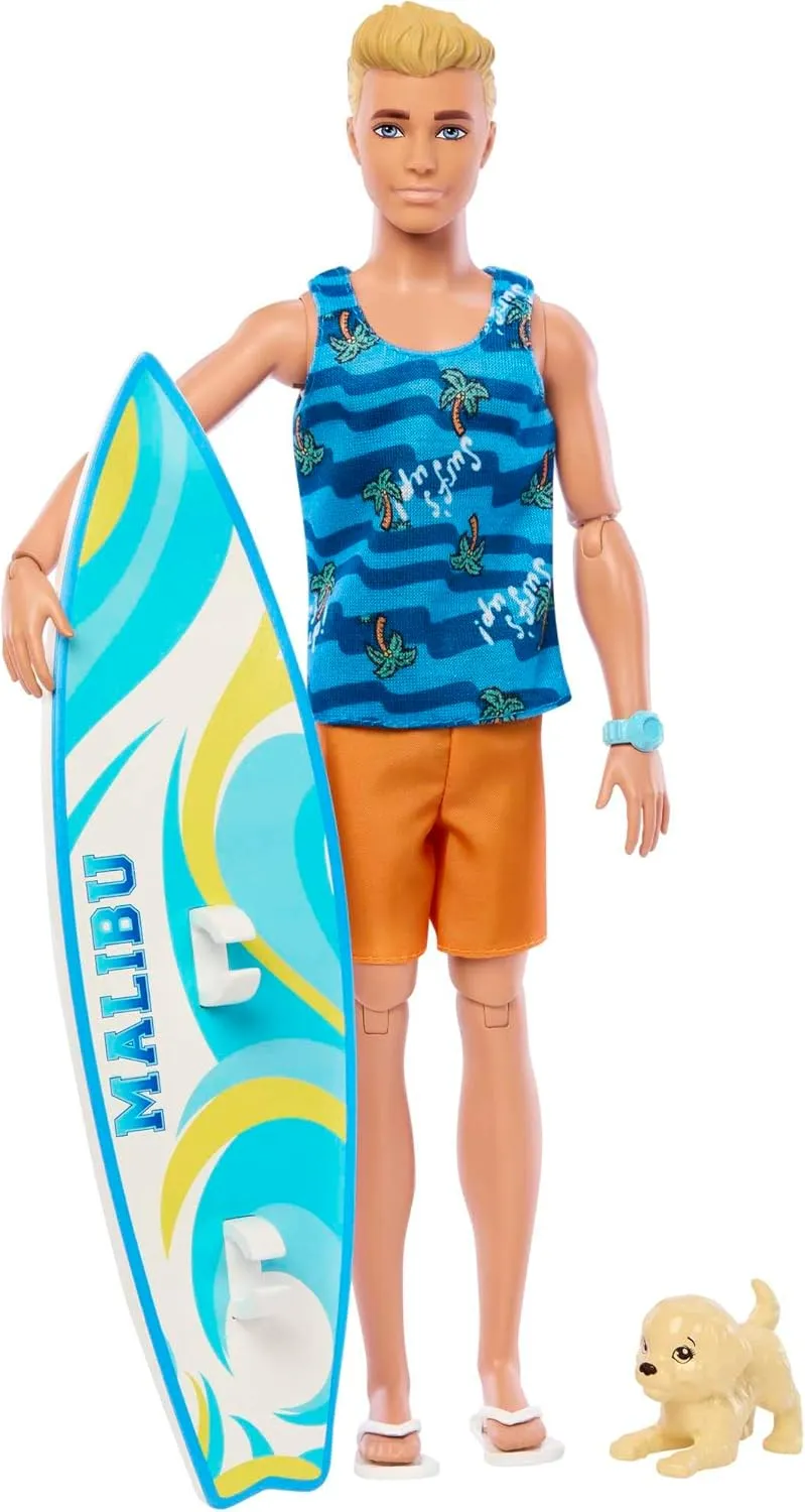 Barbie Ken Doll with Surfboard and Pet Puppy, Poseable Blonde Ken Beach Doll with Themed Accessories Like Towel, HPT50