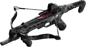 Barnett Demun Accu Strike Pro Mini Crossbow - Two Stage Break Action Cocking Mechanism, Reflex Red/Green Dot Sight, Flip Down Foregrip, 7 inch Bolts (5 Included), 210fps, Black Camo, Retractable Sling