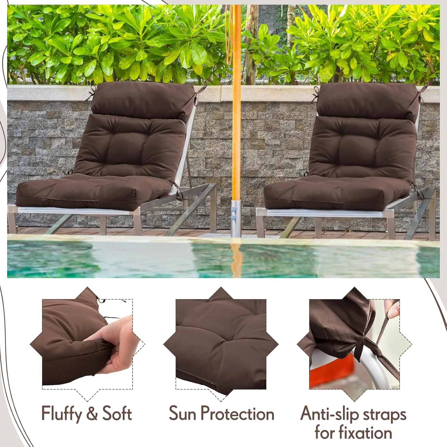 Barydat 4 Pack High Back Chair Cushion Indoor Outdoor Tufted Seat and Back Chair Rocking Pads Lounge Porch Seat Cushion with Ties for Patio Furniture, 43.4 x 21 x 3.3 Inch(Coffee)