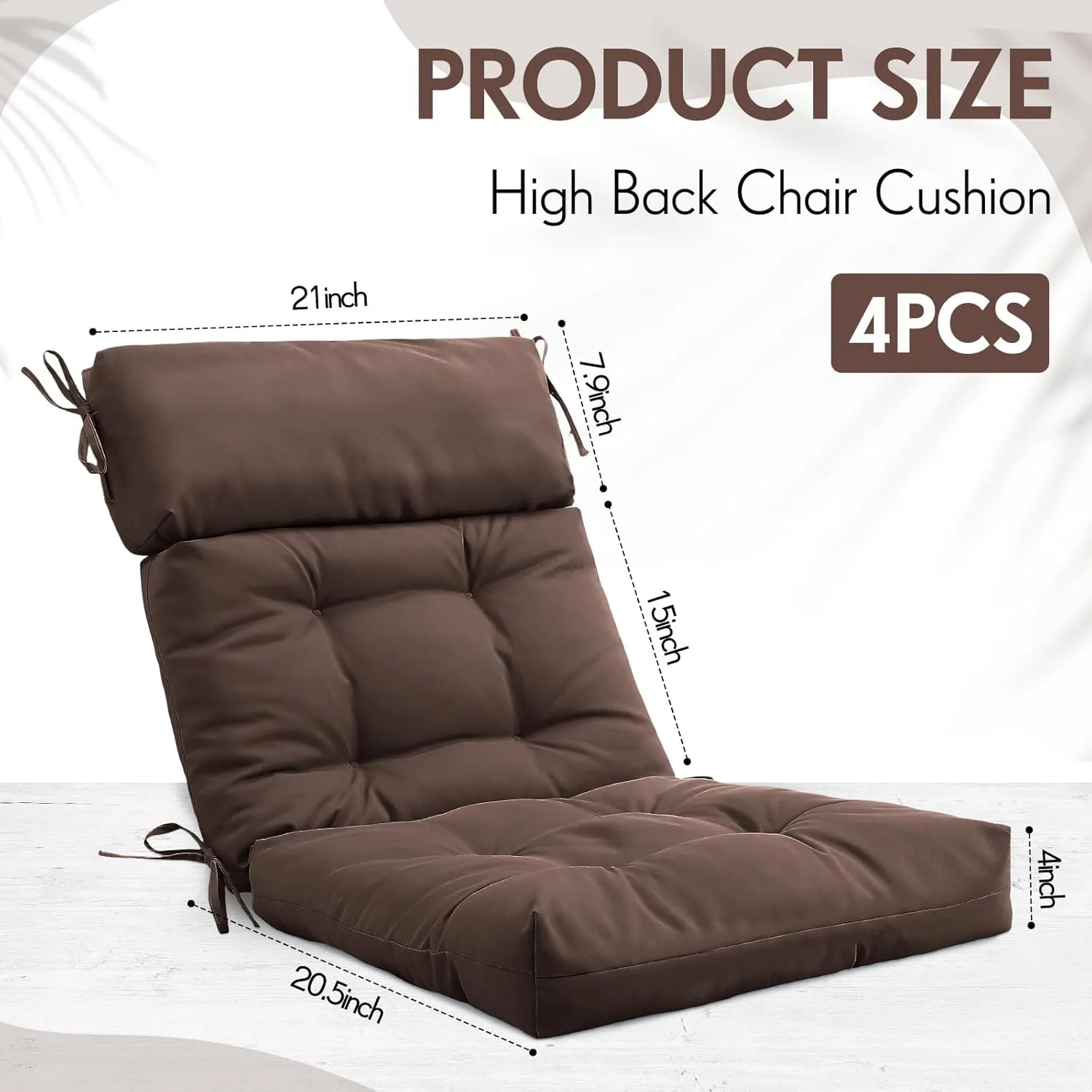 Barydat 4 Pack High Back Chair Cushion Indoor Outdoor Tufted Seat and Back Chair Rocking Pads Lounge Porch Seat Cushion with Ties for Patio Furniture, 43.4 x 21 x 3.3 Inch(Coffee)